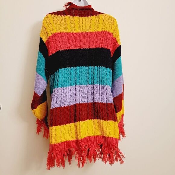 The Cove Multi Stripe Destroyed Fringe Hem Oversized Open Front Cardigan Size M - Picture 2 of 7